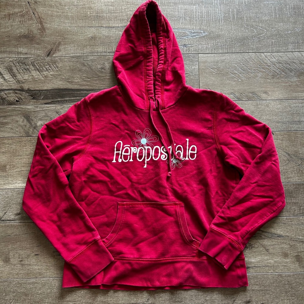 Y2K Aeropostale Women's Red Graphic Pullover Hoodie Sweatshirt Flower Logo Large